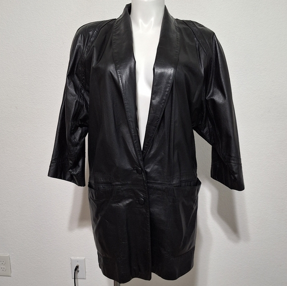 Lisa Loren Black Matrix Front Pockets 3/4 Sleeve Genuine Leather Coat Size M - Picture 1 of 11